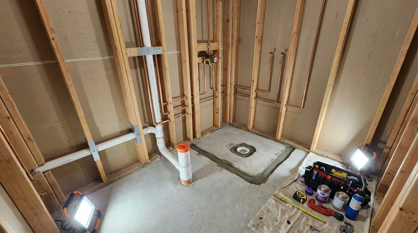 Bathroom rough-in plumbing during remodel by Johns Plumbing LLC in Boxford