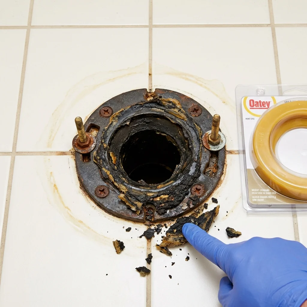 Failed wax ring showing water seepage at the base of a toilet in a Boxford, MA home